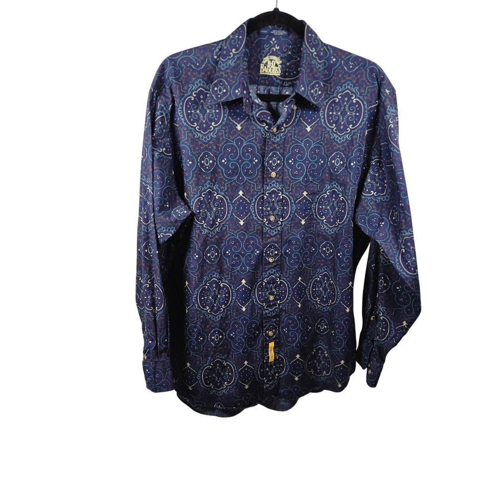 BD Baggies Mens Large Navy Blue Paisley Medallion Cotton Button Down Shirt L/S